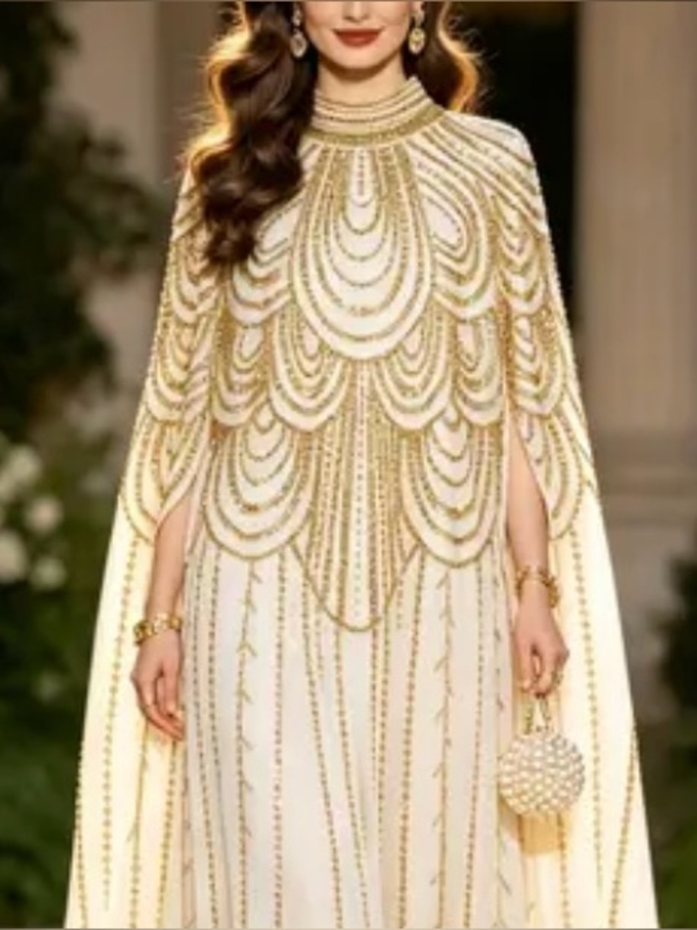 Elegant Ivory and Gold Embellished Cape Dress